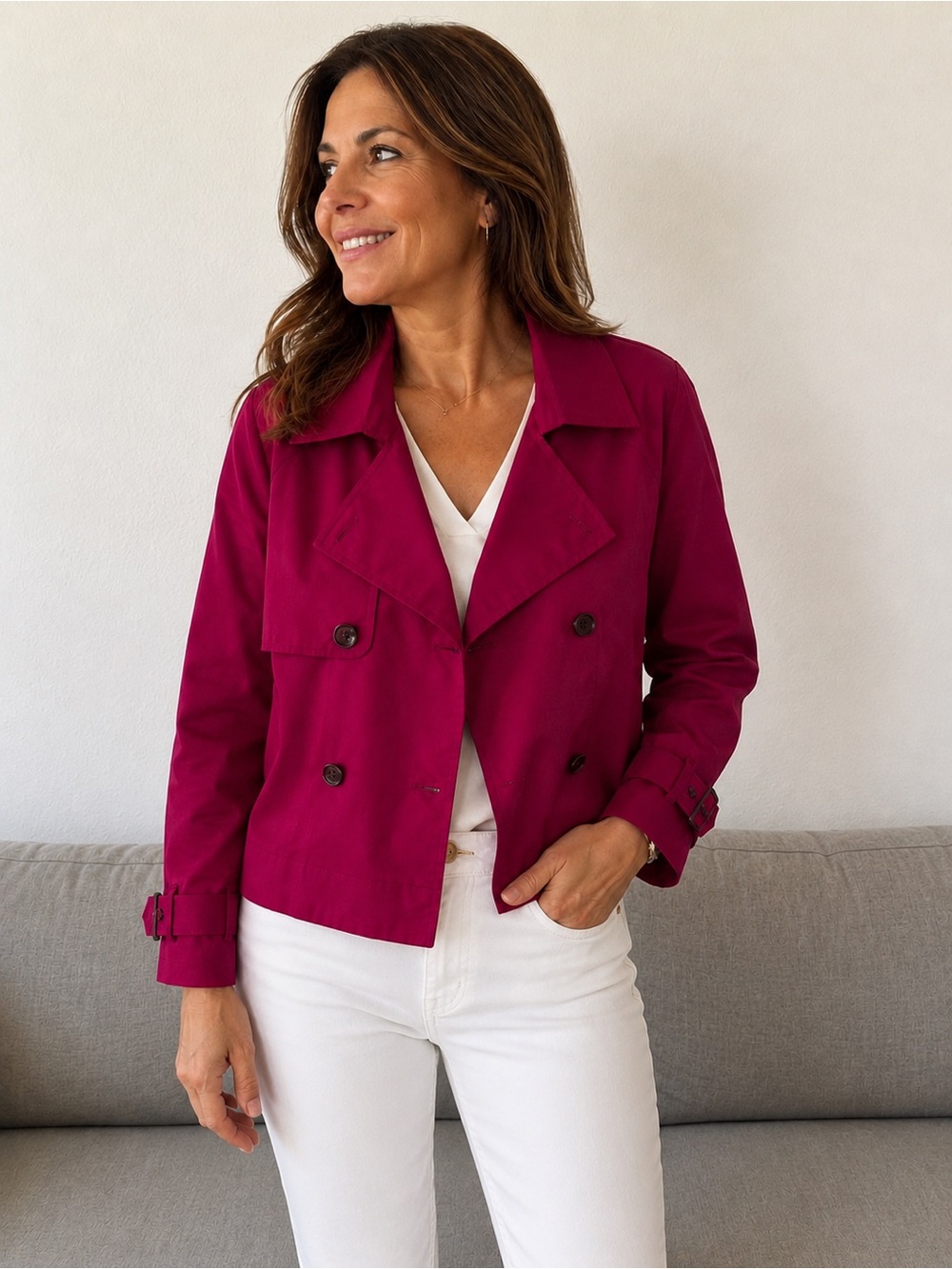 Women's Fuchsia Double-Breasted Crop Jacket